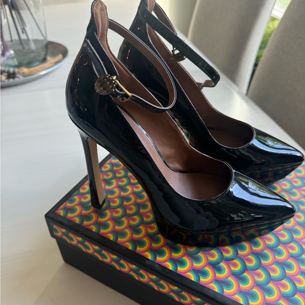 Kurt Geiger Black Patent Platform Ankle Strap Pump, 5” heel; 1" platform, 40